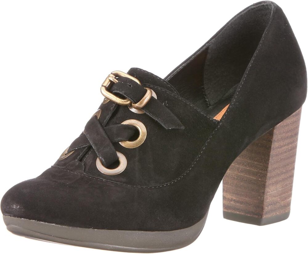 Clarks Bonnie Lass Pumps Suede Block High Heels Buckle Chunky Almond Black 7.5